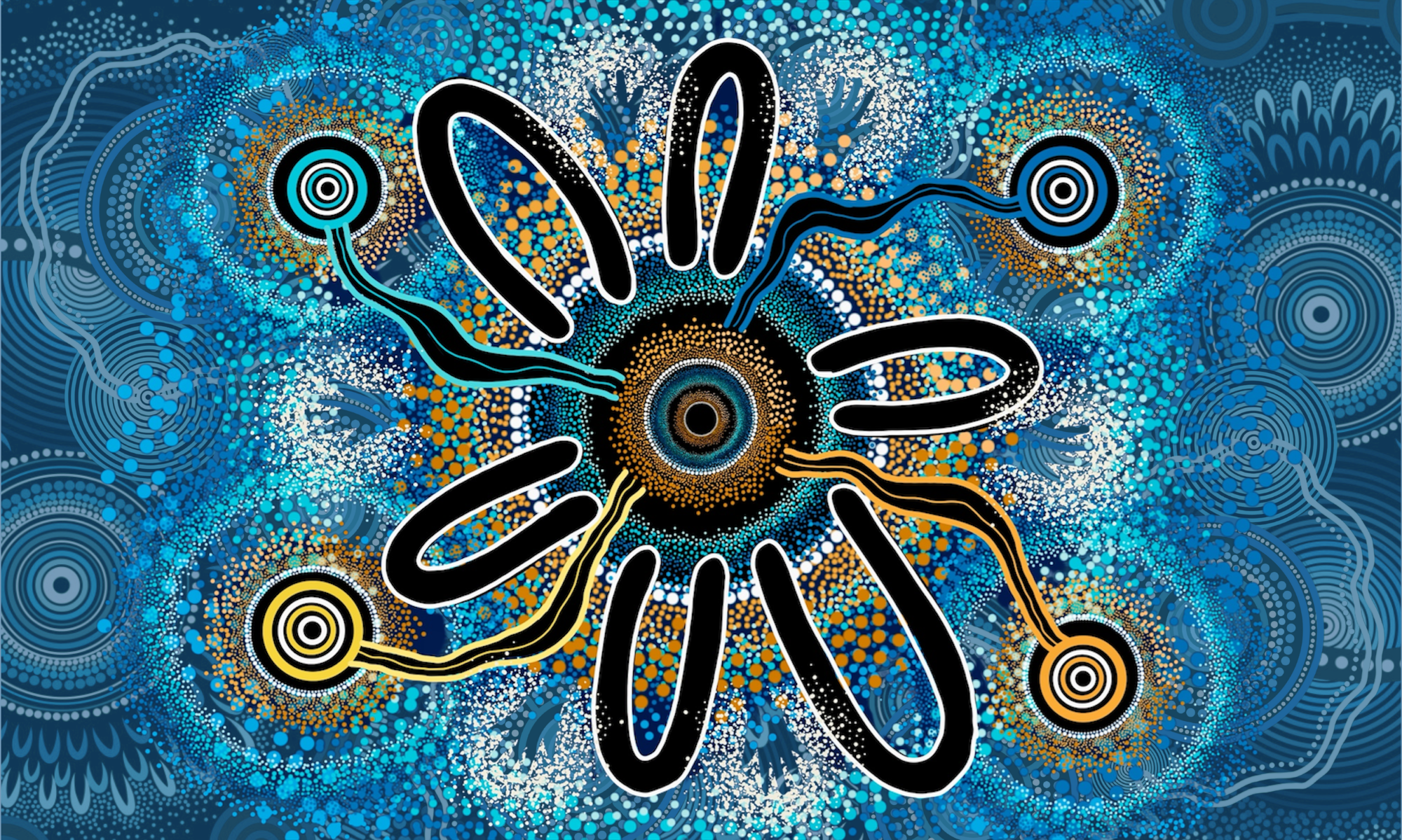 First Nations dot painting in blues, ochre and gold, showing a central meeting place surrounded by radiating shapes and journey lines connecting four smaller gathering circles.